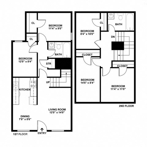 Floor plan for 5 beds, 2 baths, 1205 sqft